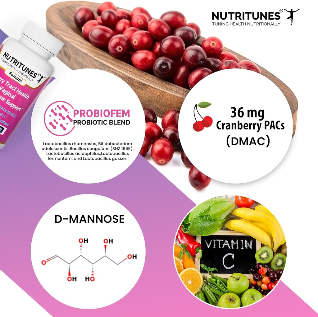 D Mannose와 Cranberry PACs는 여성, 비타민 C 및 여성 Vaginal Probiotic for Urinary Tract Health - 60 Femuni UTH 캡슐에 대한 Lactobacillus 및 Bifidobacterium 변형을 포함한 질의 Probiotics를 보충합니다.