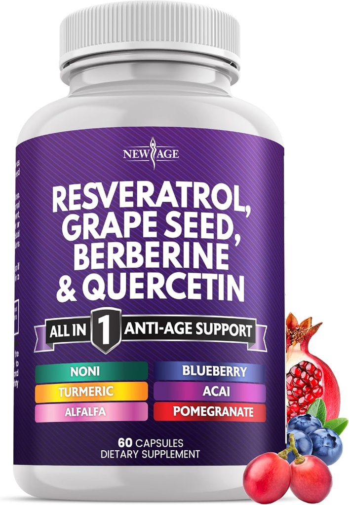 NEW AGE Resveratrol, Berberine, 포도 씨앗 추출물, Quercetin - Noni 추출물, N-Acetyl Cysteine, Acai 추출물이있는 여성과 남성을위한 폴리 페놀 보충 - 60 캡슐
