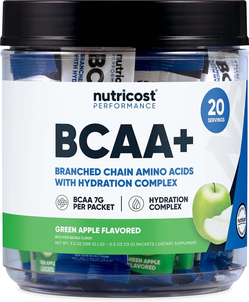 Nutricost BCAA+ Hydration 녹색 사과 맛 (20개의 stickpacks) - Hydration Complex를 가진 분지된 사슬 아미노산 - 글루텐 자유로운, 비 GMO