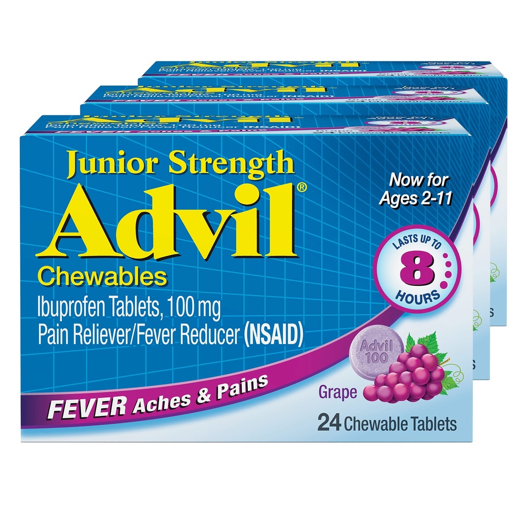 Advil Junior Strength Chewable Ibuprofen Pain Reliever와 Fever Reducer, 통증 완화를위한 어린이 Ibuprofen, 포도 - 24 정제 (포장 3)