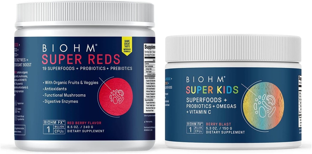 BIOHM Super Reds Superfood Powder, Tart Cherry & Super Kids Superfood Powder + Probiotics, Beneficial 산화 방지제 & Omega-3 - 글루텐 무료, GMO Free, Dairy Free, 인공 성분 없음