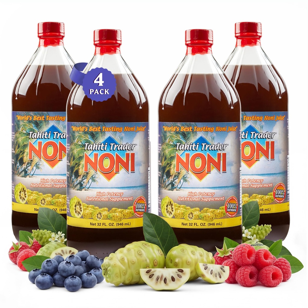 TAHITI TRADER (4-PK) Original High Potency Noni Juice - 블루 베리 및 라즈베리와 순수한 노니 과일 주스 - 유기 산화 Superfood Supporting Energy & Body Health - (32oz, 4 팩)