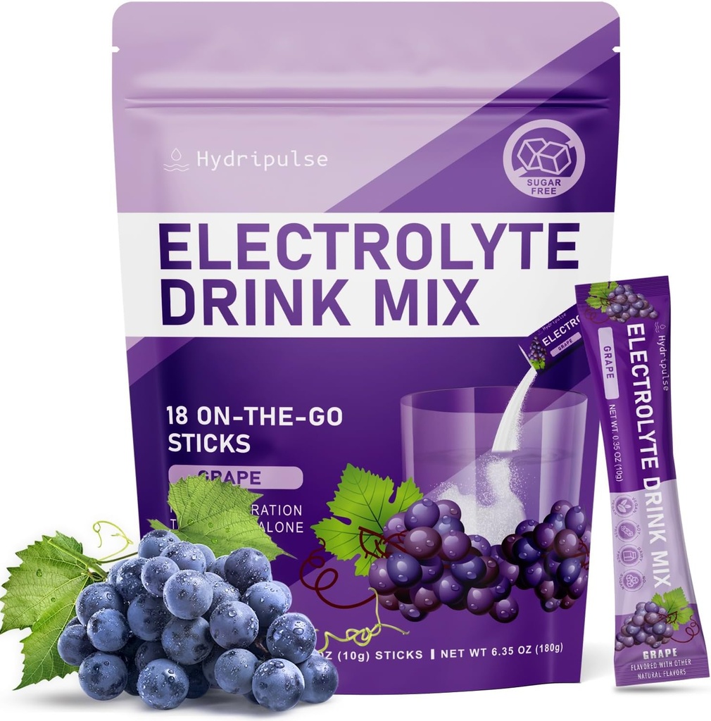 Electrolytes Powder Packets - 설탕 무료, 자연적으로 맛, 10 Electrolyte & Vitamins Electrolyte 음료 혼합 - 포도 맛, Keto Friendly, Vegan, Non- GMO, 18 Packets