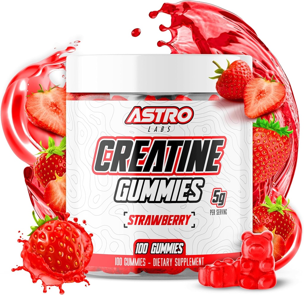 Creatine Gummies for Men & Women - 서빙 당 5g, 증가 힘, 근육 이익, 회복, 내구시간 - Vegan, 글루텐 자유로운, 낮은 설탕 크레아틴 Monohydrate Gummies - 딸기 (100 개)