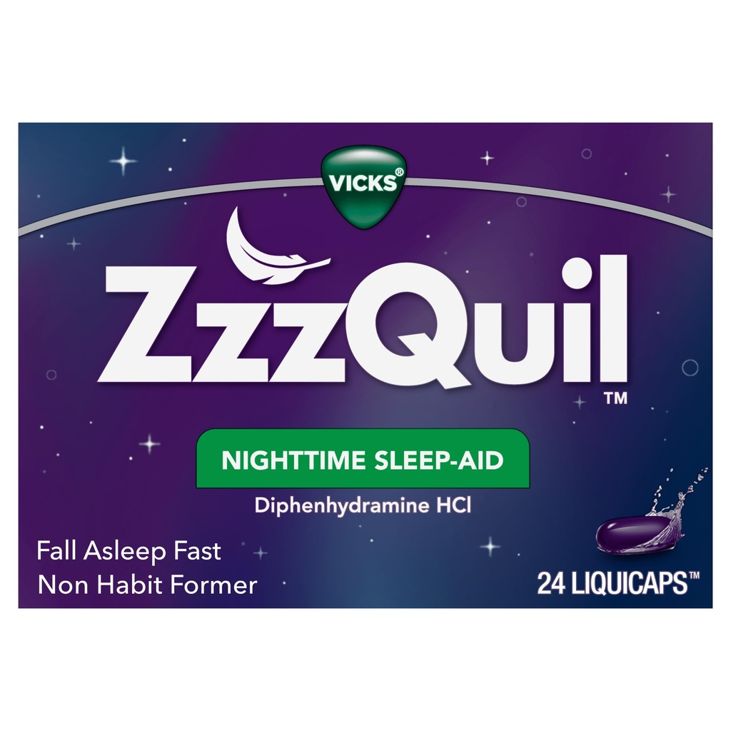 Vicks ZzzQuil, 야간 수면 보조 LiquiCaps, 25 mg Diphenhydramine HCl, No.1 수면 보조 브랜드, Non-Habit Forming, Fall Asleep Fast, 24 Count