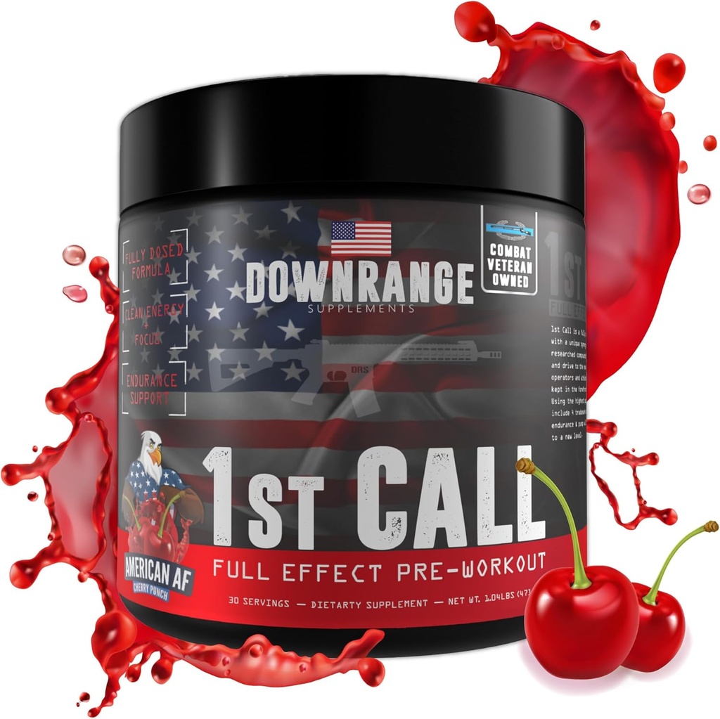 DownRange 1st Call Pre Workout Powder, 남성과 여성을위한 Preworkout, 아미노산 베타 알라닌, 카페인 & 펌프, 에너지 및 초점 지원, 30 서빙 (Cherry Punch)