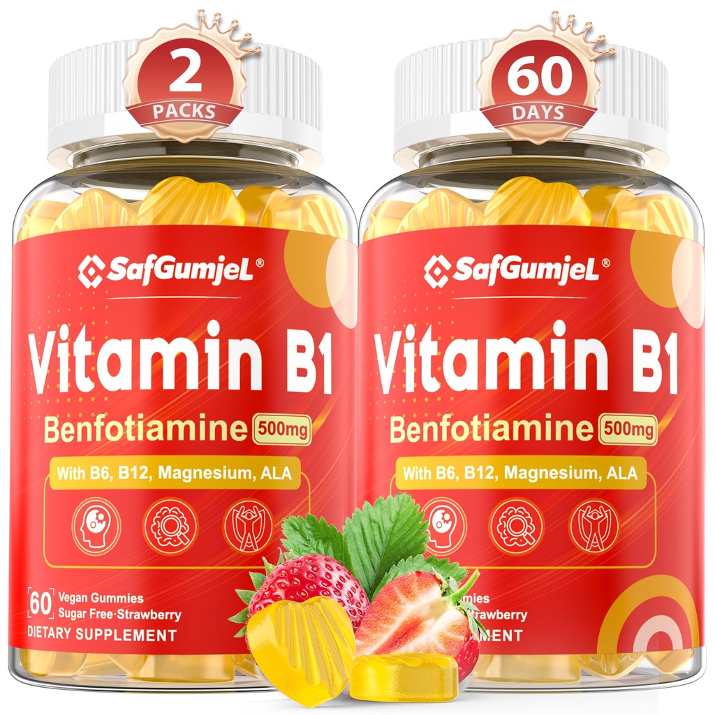 비타민 B1 구미 | Benfotiamine 500mg 비타민 B6 B9 B12 & Nerve 건강, 에너지 및 대사 지원을위한 마그네슘 | 설탕 무료, 비 GMO, 채식주의자, 120 개