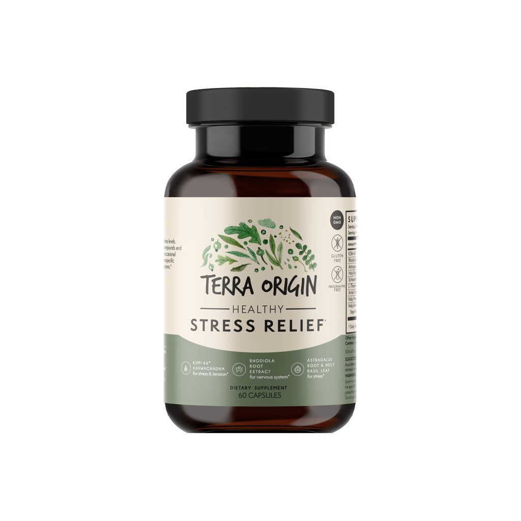 TERRA ORIGIN 건강한 스트레스 보충 | 60 캡슐 | KSM-66 유기 Ashwagandha, L-Theanine, Rhodiola Extract, Astragalus Root and Holy Basil | 스트레스와 무드 지원