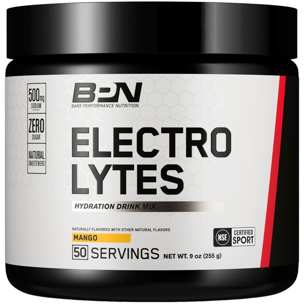 BARE PERFORMANCE NUTRITION BPN Electrolytes Hydration Drink Mix | 슈가프리 일렉트로테 파우더 | 500mg의 나트륨 섭취 | Naturally Sweetened | 망고, 50 인분