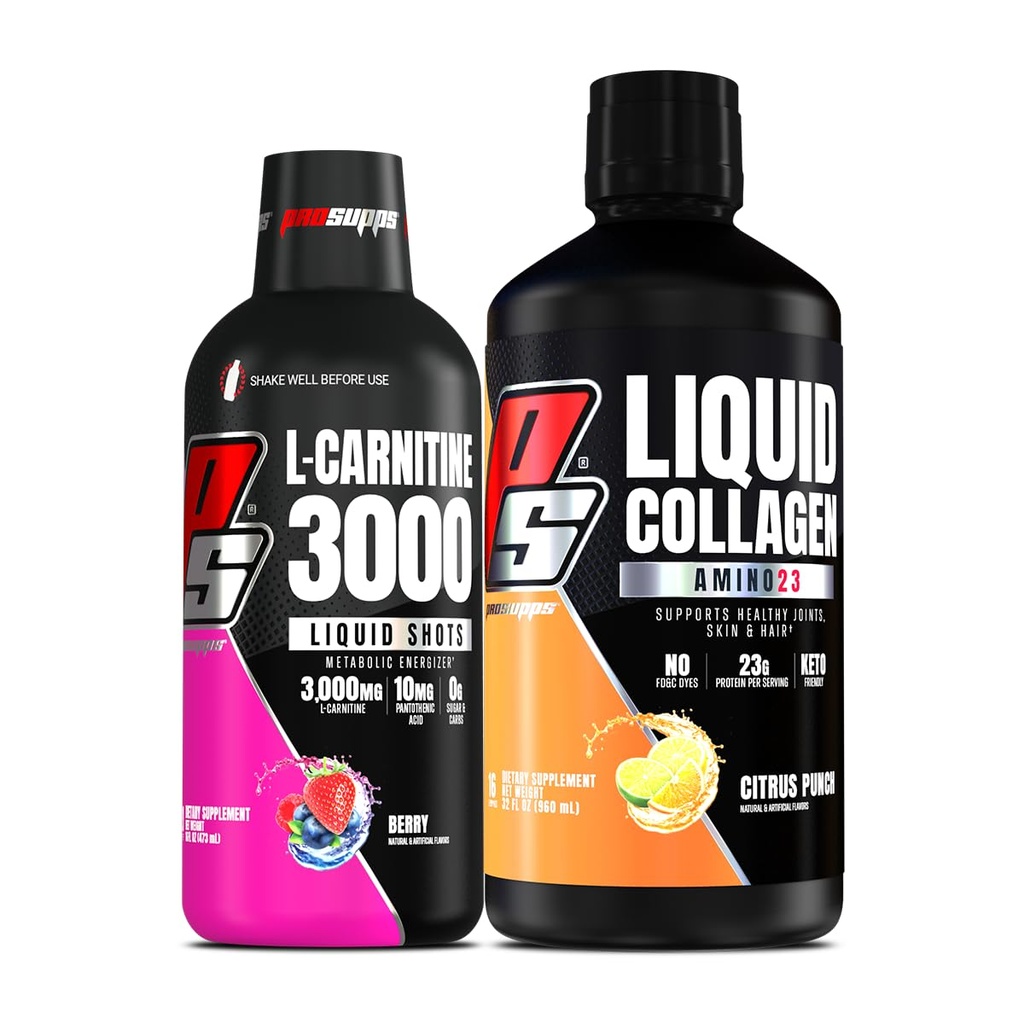 PROSUPPS L 카르니틴 3000 자극제 자유로운 액체 탄 (베리) Amino23 액체 교원질 탄 (크러스 펀치) 뭉치