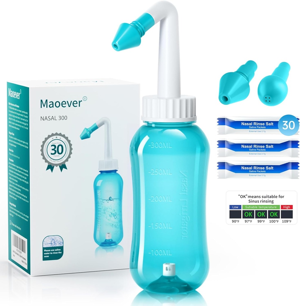 Neti Pot Sinus Rinse Nasal Wash 300ML Neti-Pot 30 Nasal Wash Salt Packets 및 스티커 Thermometer Nose Cleaner 세척 병 클리너 압력 관개 성인 및 키즈 BPA 무료 (Light Green)