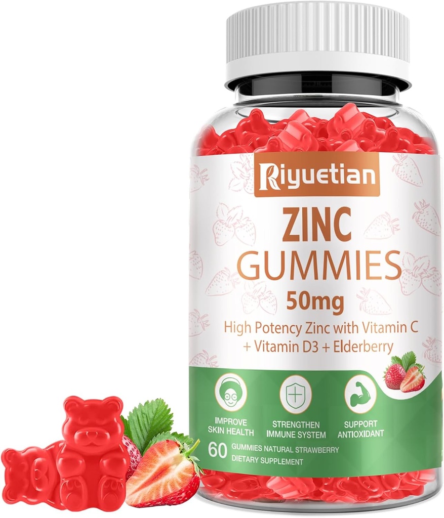 아연 Gummies - 50mg 비타민 C + 비타민 D3 + Elderberry와 높은 효능 아연 - 면역력 지원 - Vegan, Non-GMO 및 글루텐 무료 - 60 Gummies