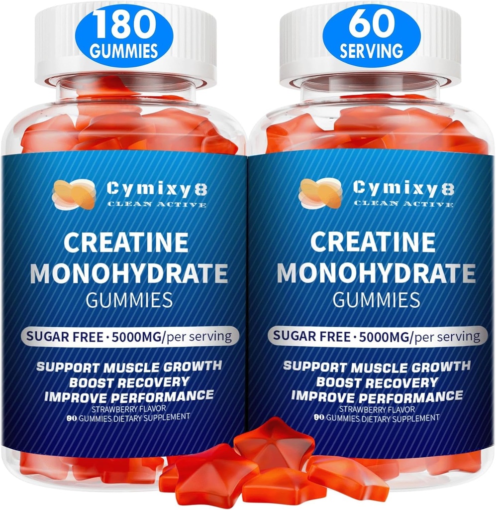 Creatine Monohydrate Gummies 남자 & 여자를 위한 5g, Liposomal Taurine, BCAA, 알파 GPC, B12의 근육 성장을 위한 크레아틴 Monohydrate Chews, 딸기 풍미, 180Count