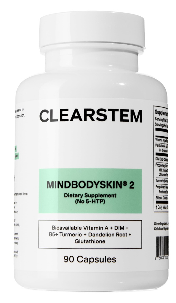 CLEARSTEM - MINDBODYSKIN Hormonal Acne Supplement (No 5-HTP) - 천연 DIM 보충 - 피부 관리 비타민 - 호르몬 균형, 산화 방지제 - 글루텐 무료, Cruelty 무료 - 30 서빙, 90 캡슐
