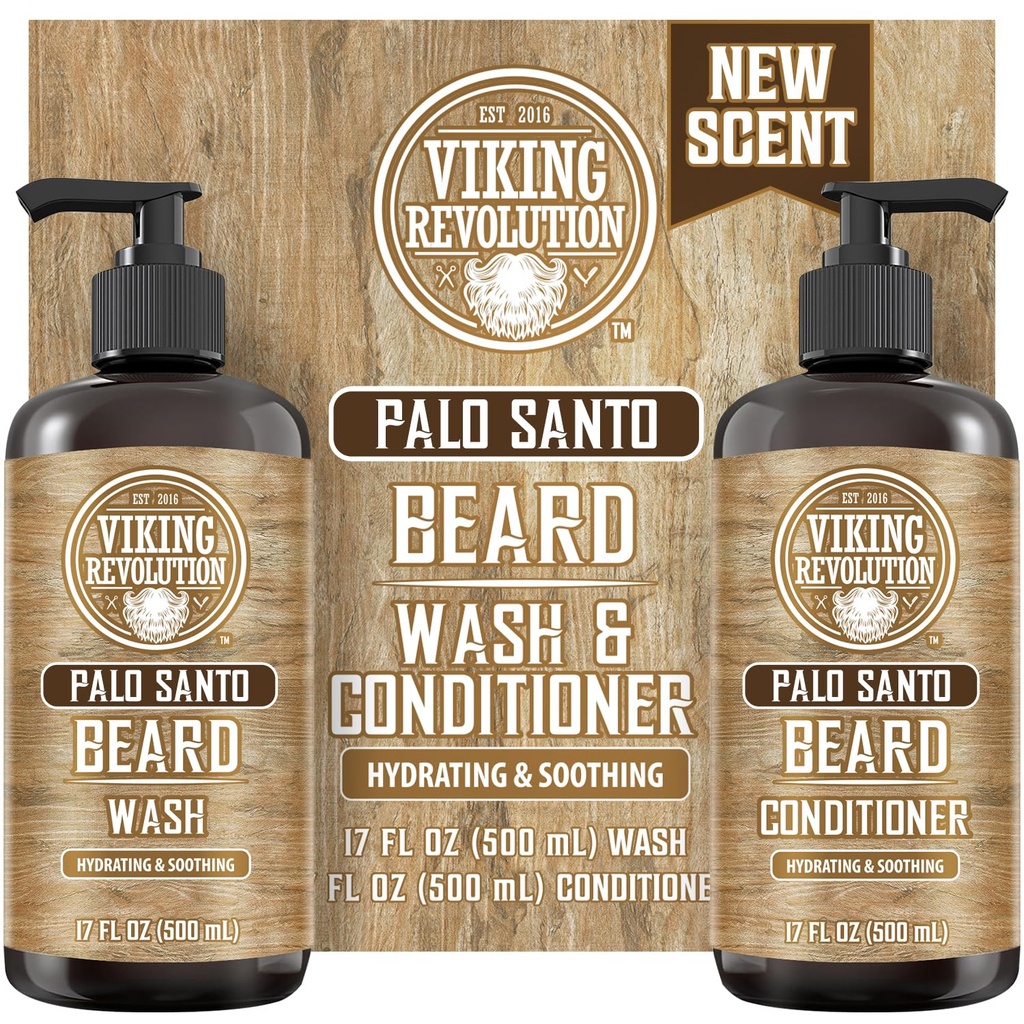 Viking Revolution Palo Santo Beard Wash 및 Beard 컨디셔너 세트 Argan 및 Jojoba Oils - Softens 및 Strengthens - Natural Palo Santo Scent - Ginseng Root Extract가있는 Beard 샴푸 (17 oz)