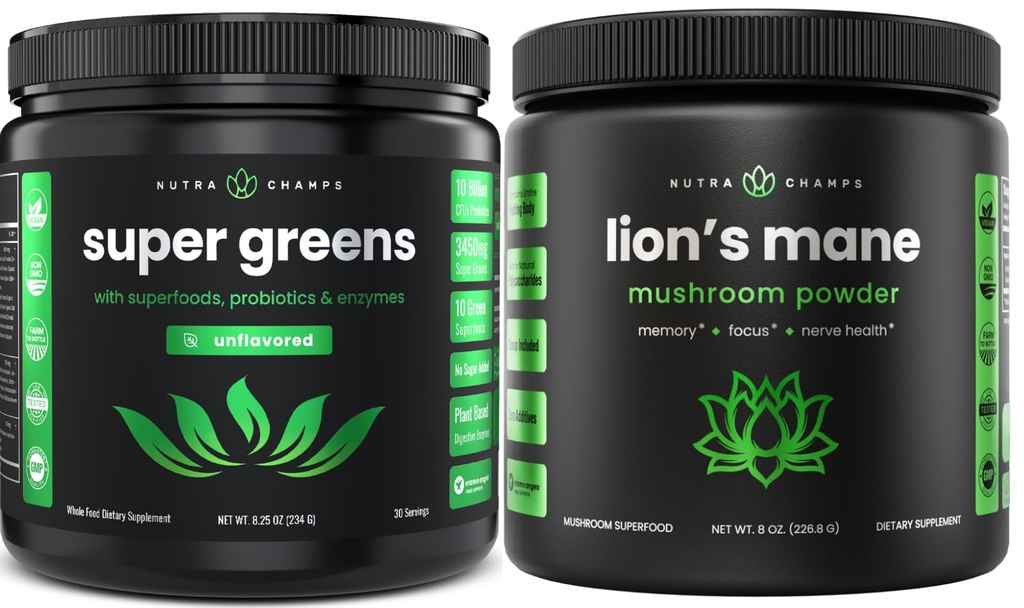 NutraChamps Super Green Unflavored & Lion의 Mane 분말. 녹색 및 Adaptogen 번들