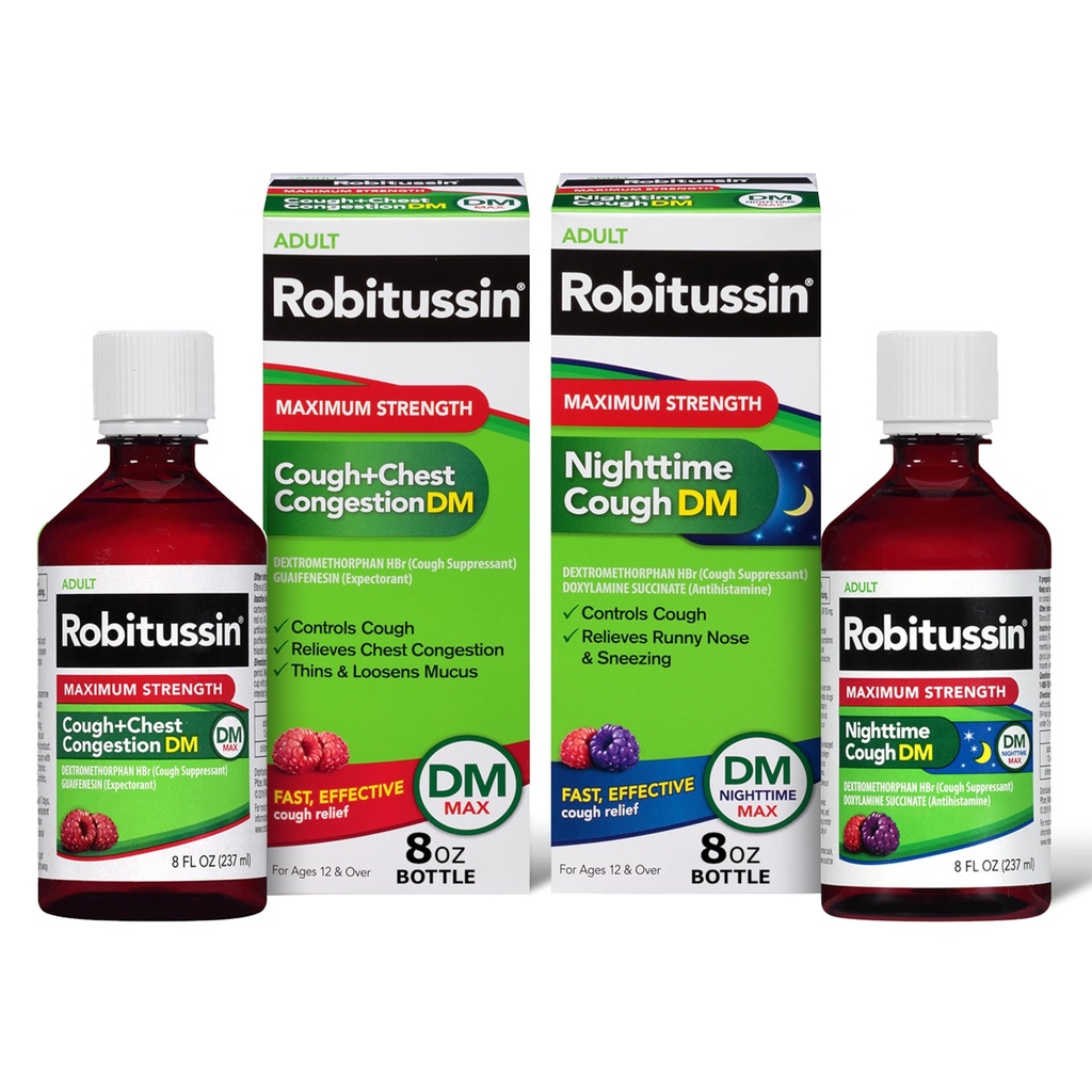 Robitussin DM Max Cough Plus Chest Congestion 및 Robitussin 최대 강도 야간 기침 DM, 성인 포뮬러 - 2 x 8 Fl Oz 병