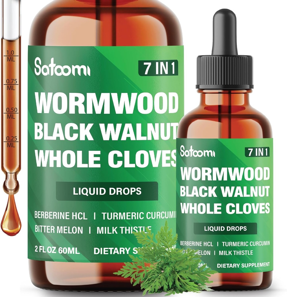 Satoomi 7in1 Wormwood 액체 낙하 검정 호두, 전체적인 Cloves, Berberine, 우유 이틀, 쓴 멜론 및 심황 - 60 일 동안 60ml