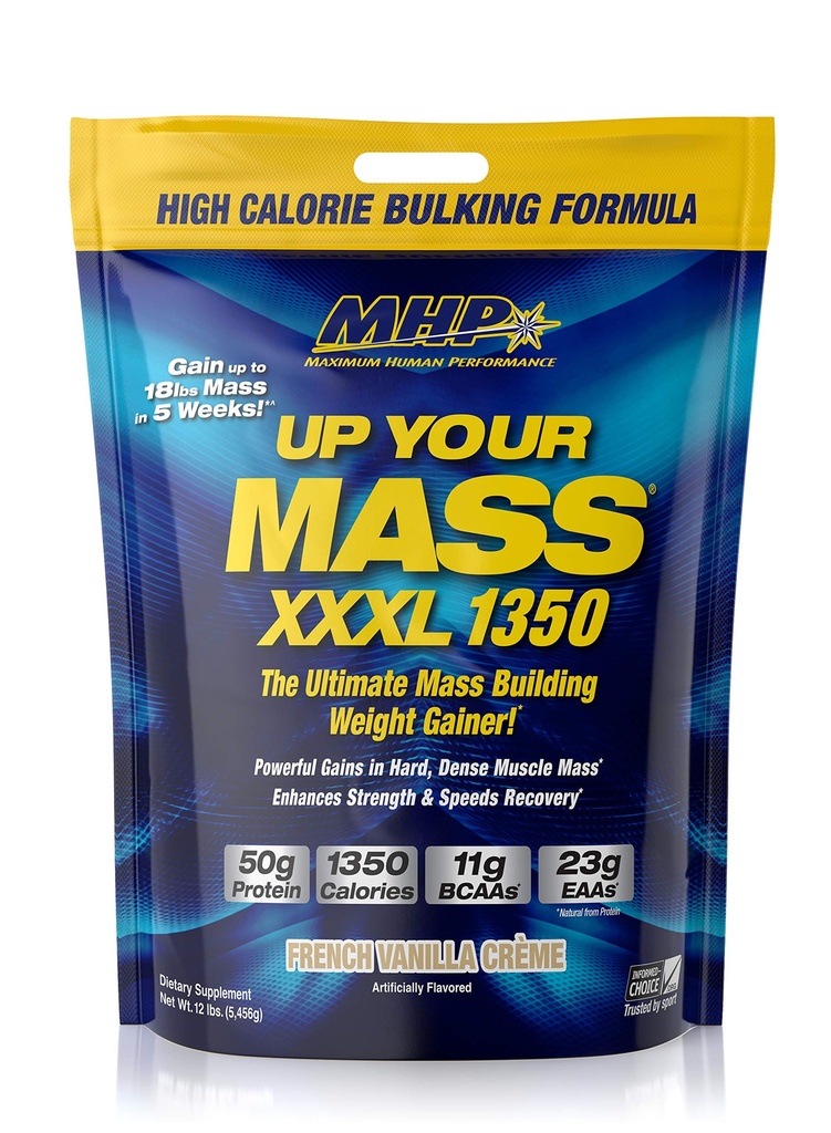 최대 인간적인 성과 MHP UYM XXXL 1350 대량 건축 무게 게인, 근육 질량 이익, w/50g 단백질, 높은 칼로리, 11g BCAAs, Leucine, 프랑스 바닐라 크림, 16의 서빙