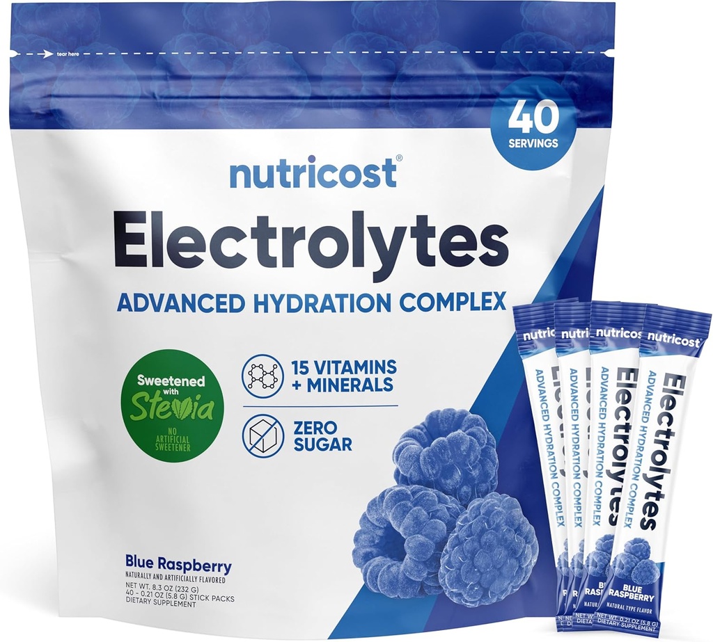 Nutricost Electrolytes Powder Hydration Packets (블루 라즈베리, 40 서빙) 낮은 Calorie Keto Electrolytes Stevia - Non-GMO, 글루텐 무료 설탕 무료