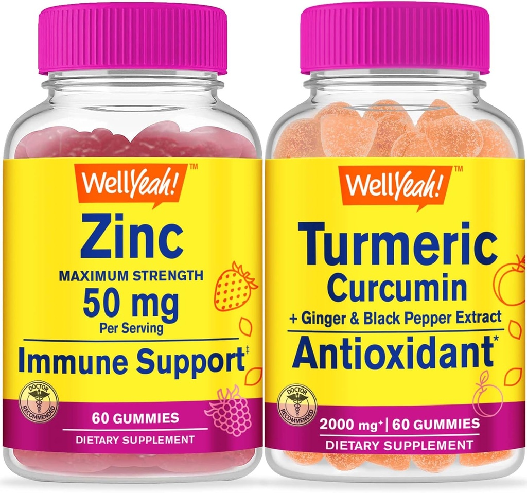 WellYeah 아연 + Turmeric Curcumin, Gummies 번들 - 훌륭한 타스팅, 비타민 보충, 글루텐 무료, GMO 무료, Chewable Gummy