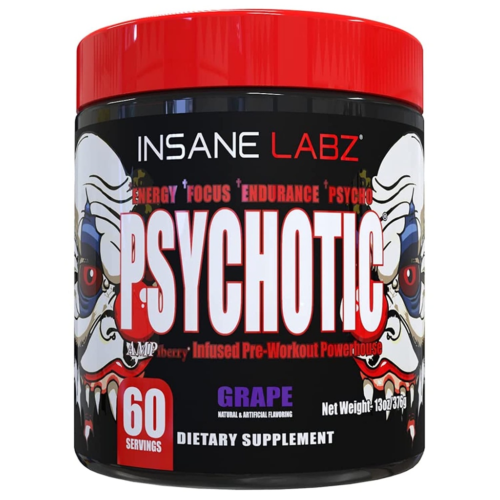 Insane Labz Psychotic, 높은 자극제 전 운동 분말, 극단적 인 Lasting 에너지, 초점 및 지구 베타 Alanine, 크레아틴 Monohydrate, DMAE, 60 Srvgs, 포도를 가진 내구시간