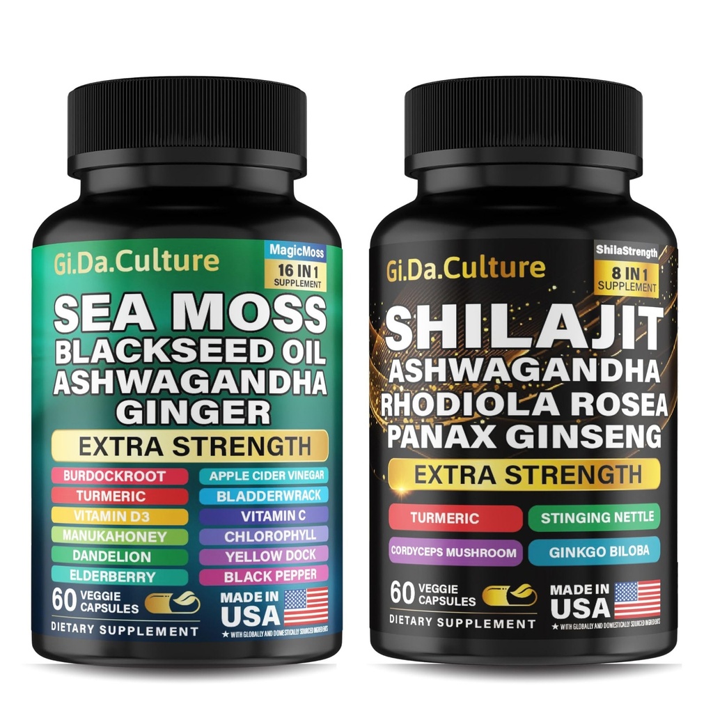 Shilajit와 바다 모스 콤보 - 바다 모스와 Shilajit 번들 Ashwagandha, 검은 씨앗, 심황, Bladderwrack, Burdock, 비타민과 산화 방지제와 검은 후추 - 120 Veggie 캡슐