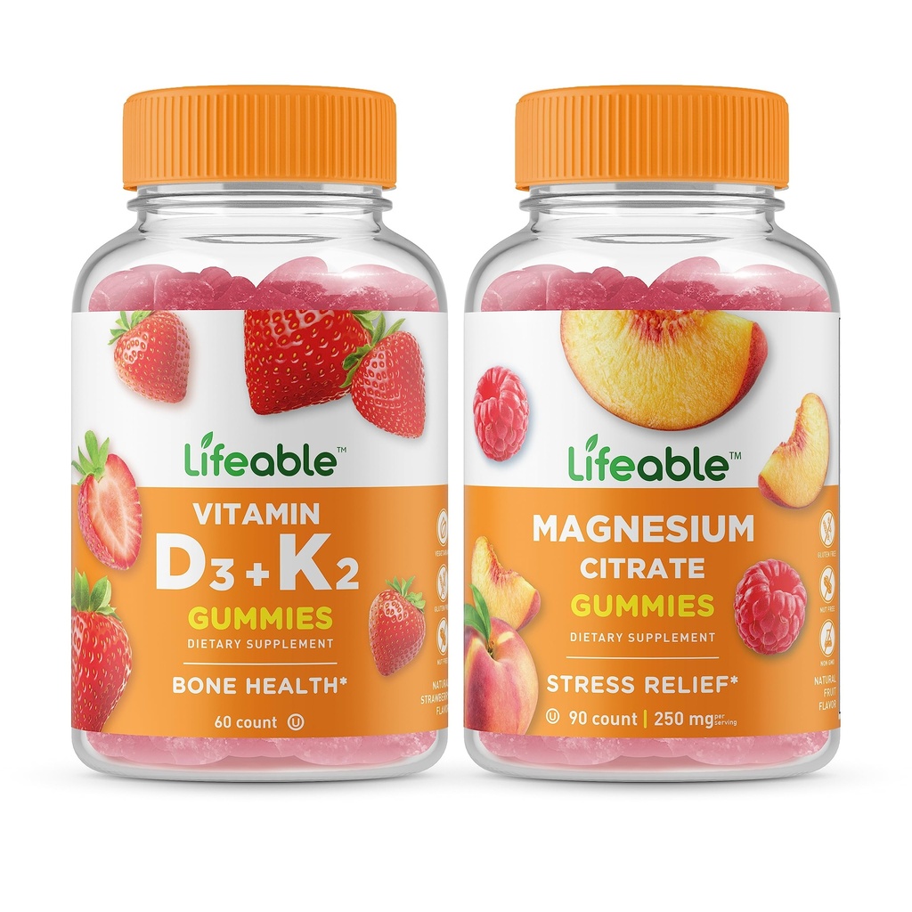 Lifeable 비타민 D3 + 비타민 K2 + 마그네슘 85mg, Gummies 번들 - 훌륭한 타스팅, 비타민 보충, 글루텐 무료, GMO 무료, Chewable 거미
