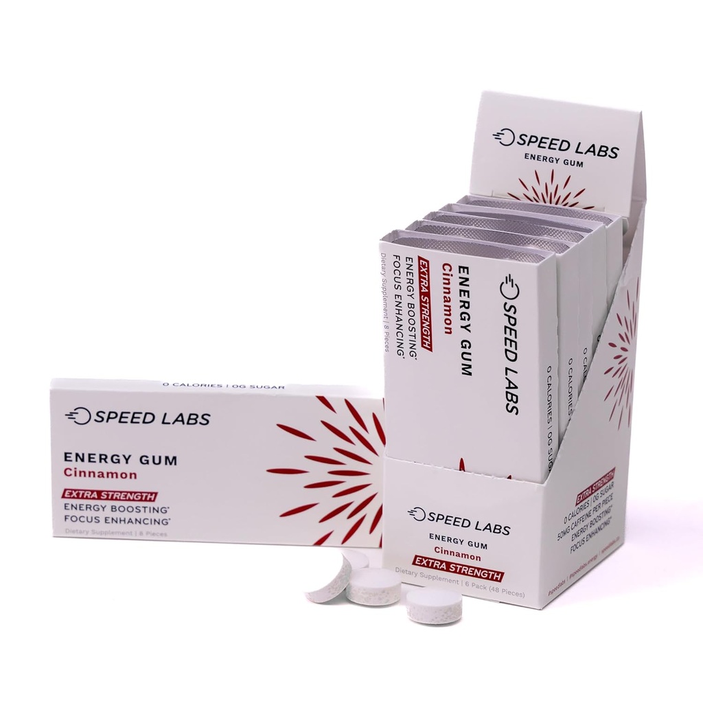 Speed Labs Cinnamon Extra Strength Caffeine Chewing Gum 50mg 카페인, 타우린, & B 비타민 조각 당, 48 조각 (6 팩 8 개) 설탕 무료, Zero Calorie, Aspartame 없음, 글루텐 무료