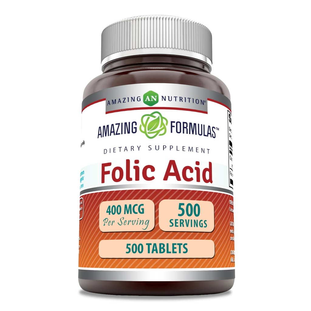 Amazing Formulas Folic Acid (비타민 B9) 400 mcg | 정제 보충 | Non-GMO | 글루텐 무료 | 미국에서 제작 (1 팩 | 500 개)