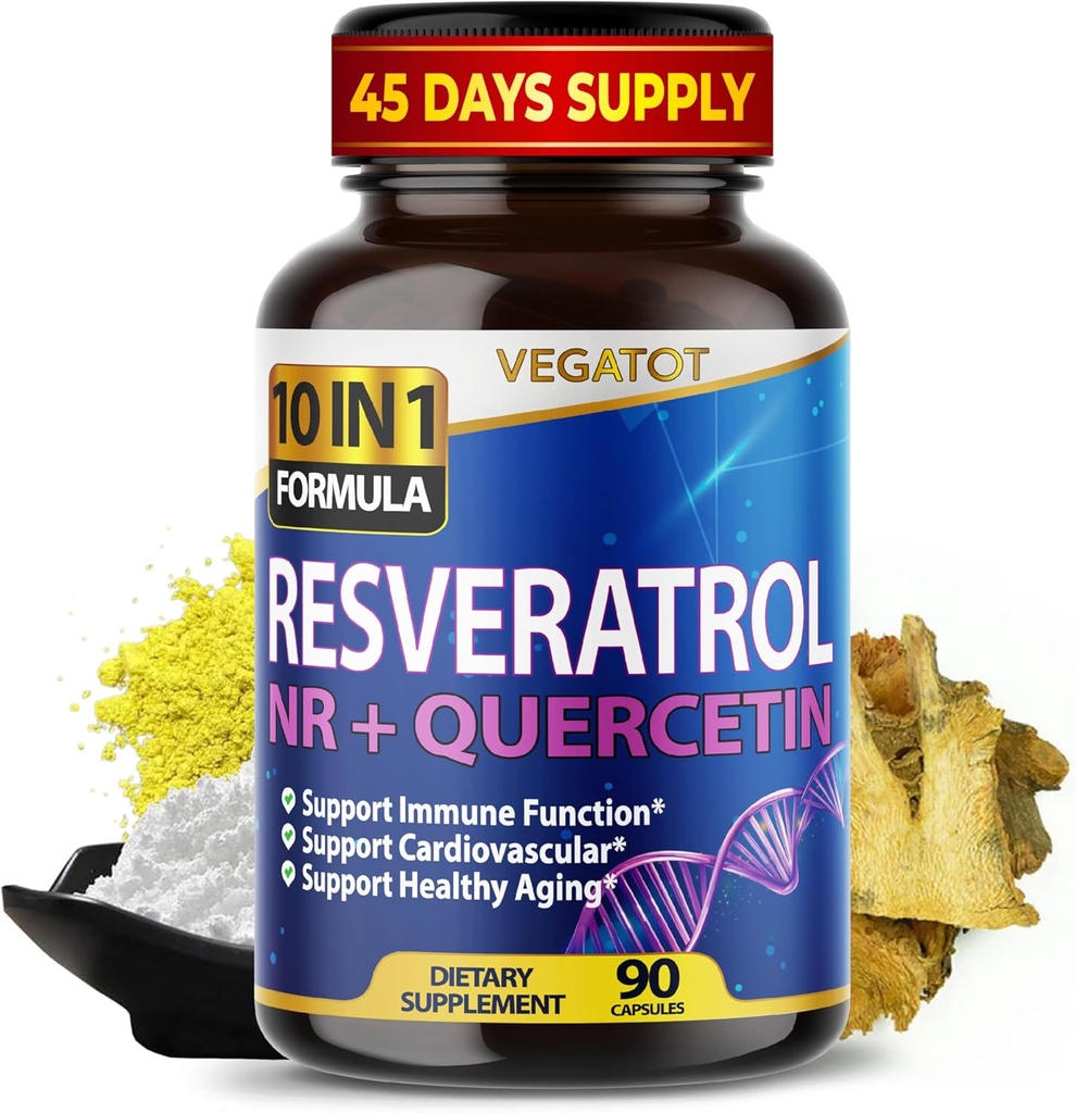 Quercetin 건강한 시효 면역성 뇌 부스트 합동 지원을 가진 1개의 고강도 Resveratrol에 있는 VEGATOT 10 (90의 팩 1))