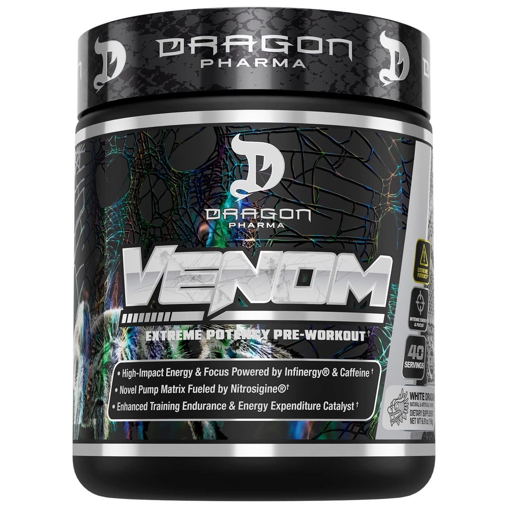 DRAGON PHARMA Venom Extreme Potency Pre-Workout, Laser Sharp Focus + Energy, Intense Performance, 향상된 Vasodilation 및 Endurance (40 서빙, 화이트 드래곤)에 대한 입증 된 성분