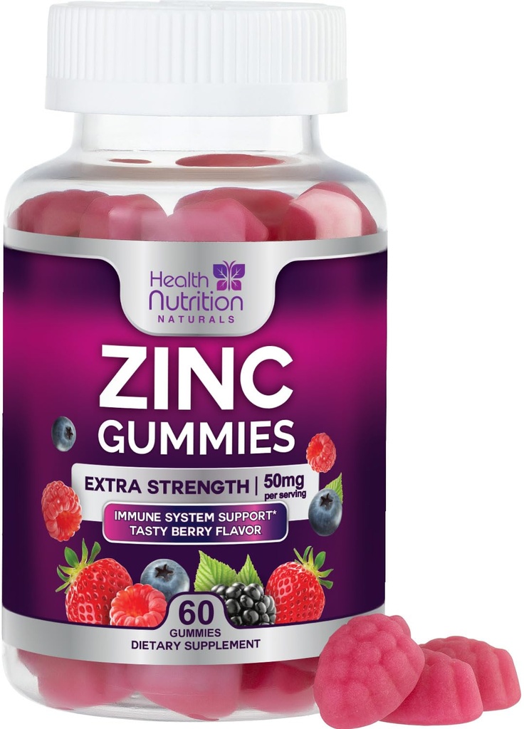 아연 보충 교재 50mg Gummies - 최대 힘 피부 건강 & 면역 지원 거미, Vegan, 비 GMO & 글루텐 자유로운 - 제일 아연 보충교재 산화 방지제 & 뼈 건강 Chewable 맛있은 베리 풍미 - 60 Gummies