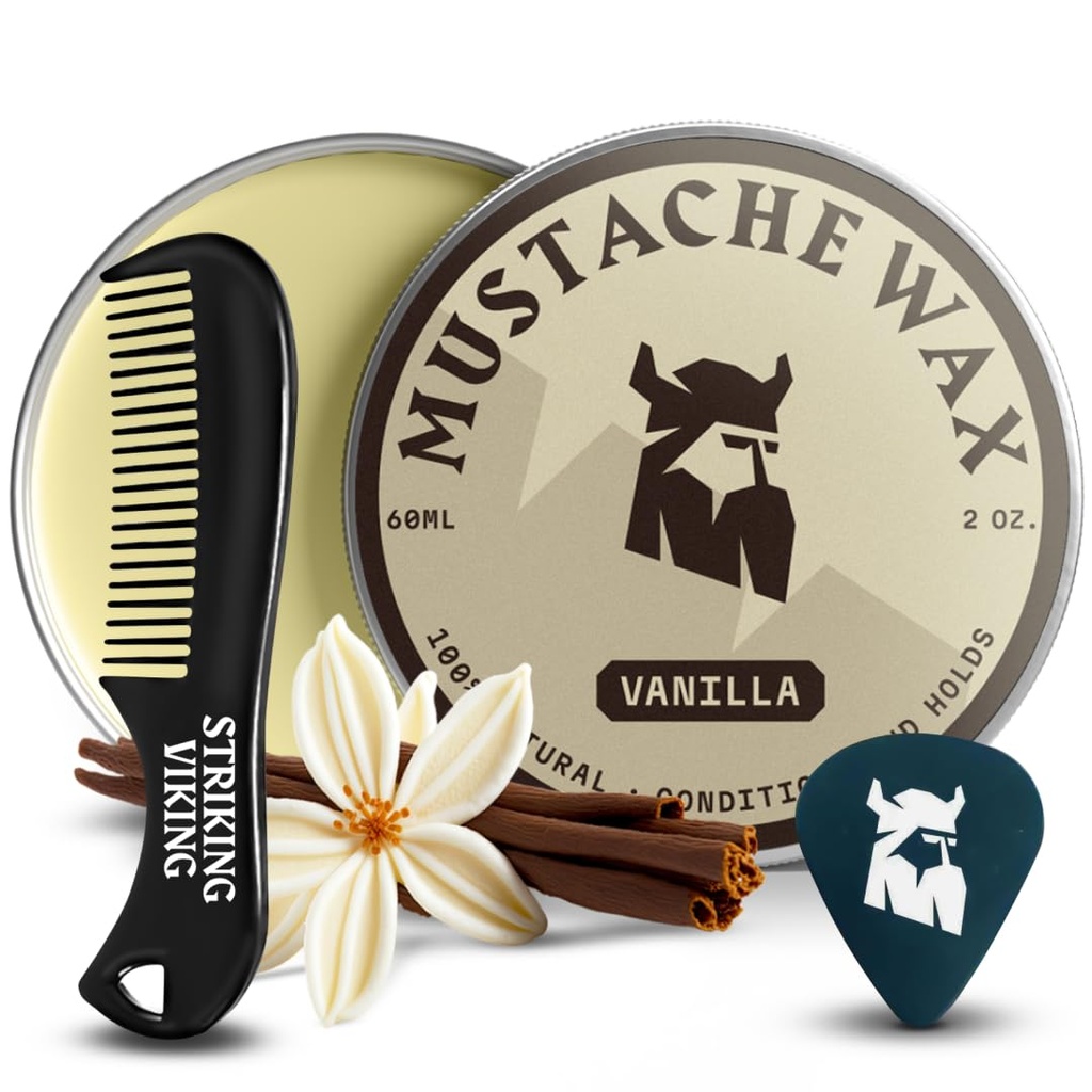 Striking Viking Mustache Wax & Comb Kit - 2 온스, 바닐라 - 남자를위한 완벽한 무스시 Grooming 키트 - 강한 첨삭 및 왁스 강한 홀딩 - 포켓 맞춤형 정밀 및 스타일링 빗