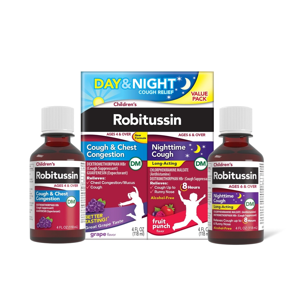 아이들의 Robitussin DM 일과 밤 기침 구호 가치 팩, 기침 약, 포도/Fruit 펀치 풍미 - 4 Fl Oz x 2