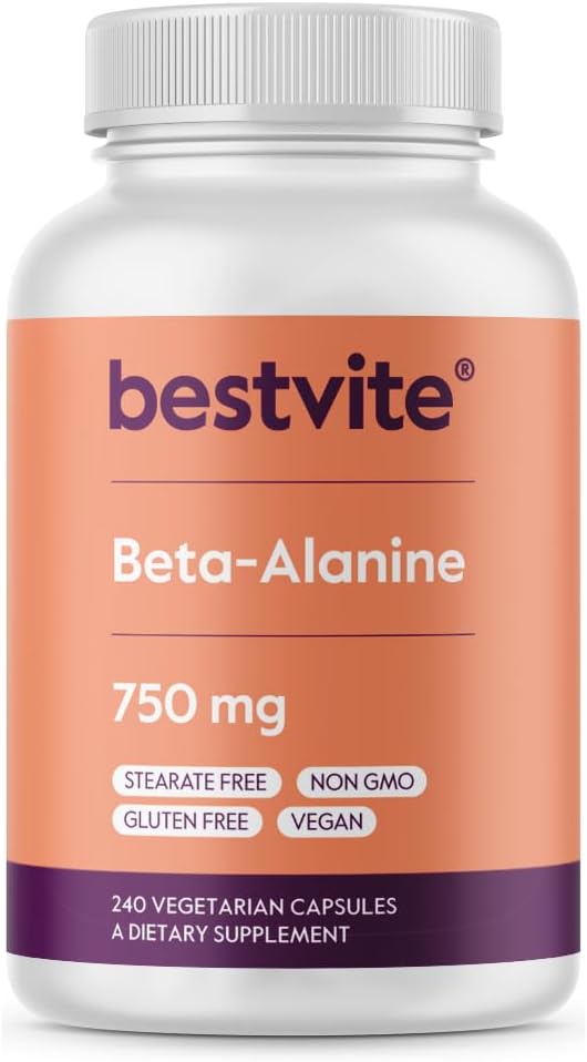 BESTVITE 베타 알라닌 750mg (240 채식 캡슐) - Stearates 없음 - Vegan - Non GMO - 글루텐 무료