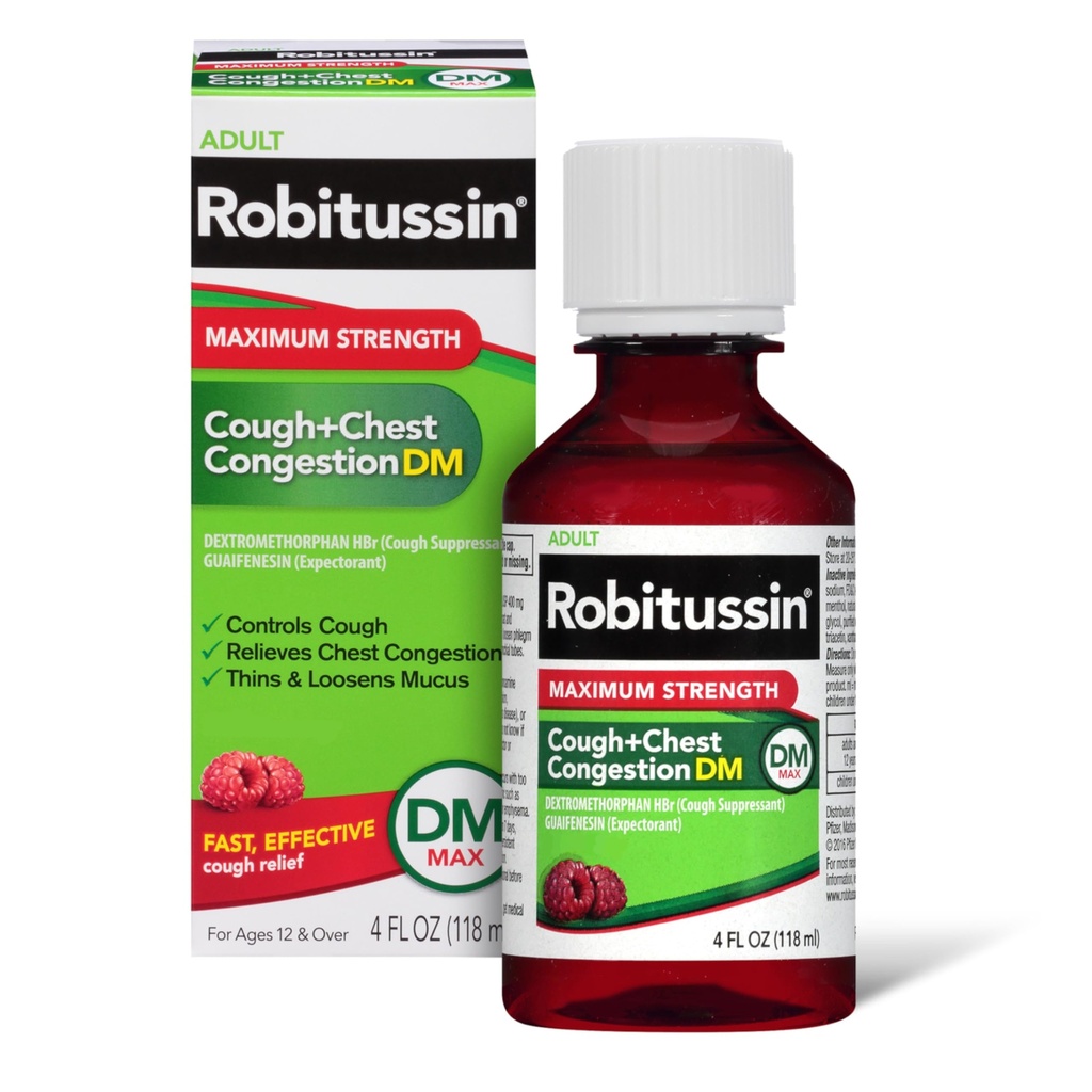 Robitussin 성인 최대 힘 기침 + 가슴 Congestion DM 최대 (4 fl. oz. 병), Cough Suppressant & Expectorant, 라즈베리 맛