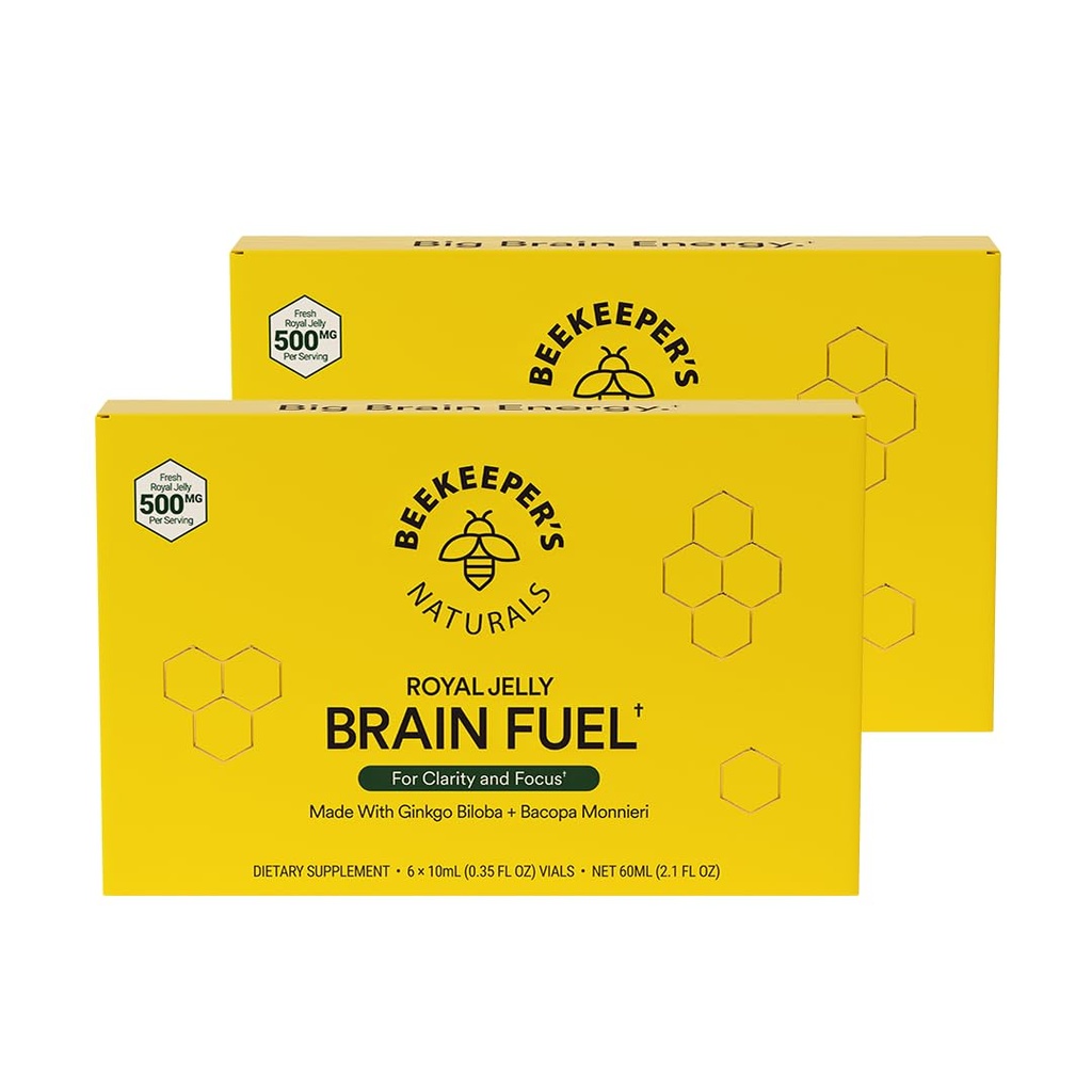 Beekeeper's Naturals B.LXR Brain Fuel - Memory, Focus 및 Clarity Liquid Formula는 생산력 Royal Jelly, Ginkgo Biloba, Bacopa Monnieri Keto Friendly, Gluten & Caffeine-Free, 6 ct (2 팩)을 지원합니다.
