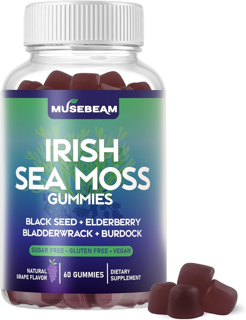 Irish Sea Moss Gummies - 검은 씨앗 Elderberry Bladderwrack Burdock Turmeric Omega-3 비타민 C D3 아연 - Seamoss는 성인 여성 남성을위한 보충제 - Sugar-Free Gluten Free Vegan