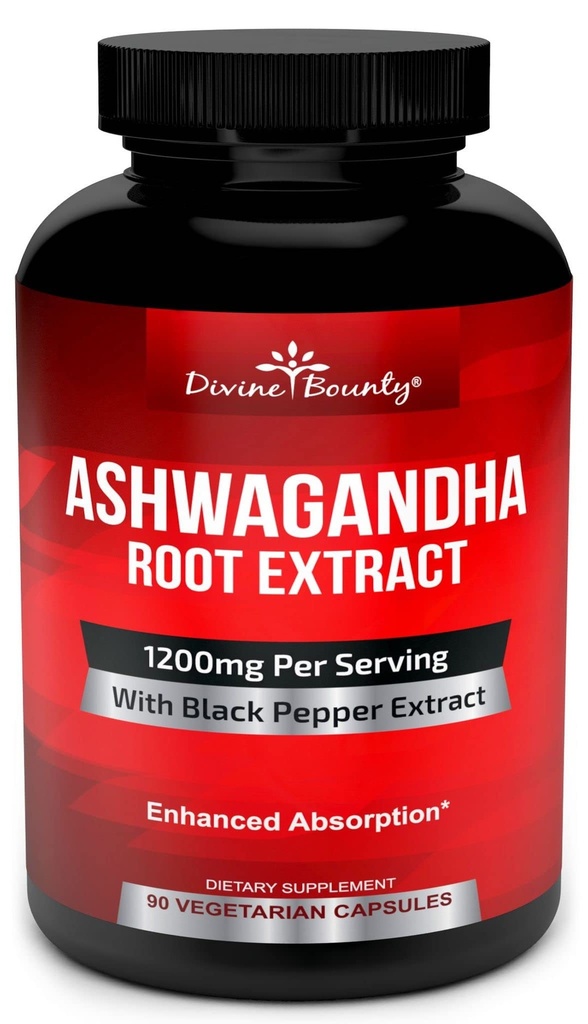 Divine Bounty 유기 Ashwagandha 캡슐 - 1200mg Ashwagandha 분말 강화 된 흡수를위한 검은 후추 - Calmness & Mood 지원을위한 Ashwaganda 보충 - 90 Veggie 캡슐
