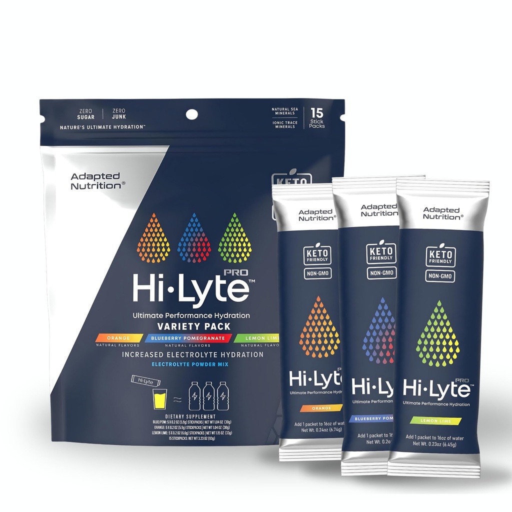 Adapted Nutrition Hi-Lyte Pro Hydration Packets - 15 개별 음료 팩 | 다양성 팩 | 맛있은 전해질 분말 | Sugar-Free, Zero Carb, Zero Calorie