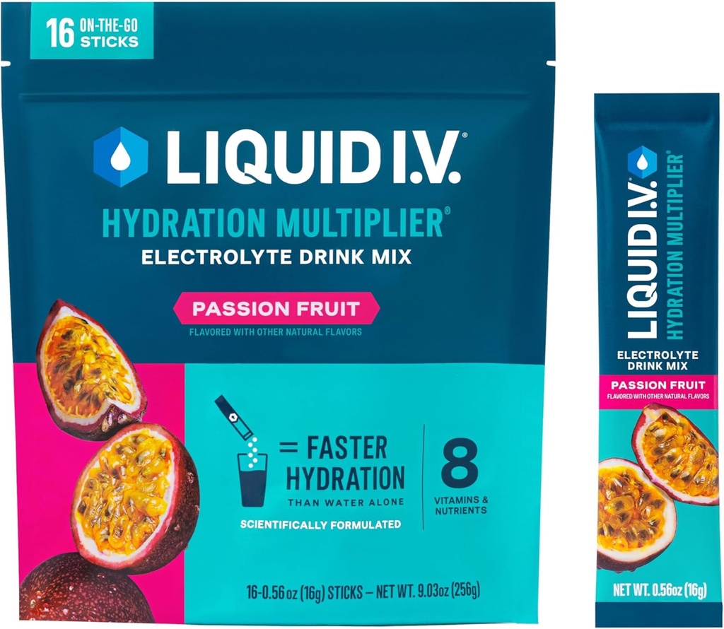 액체 I.V.® Hydration Multiplier® - Passion Fruit - Hydration Powder Packets | Electrolyte Powder Drink Mix | 편리한 Single-Serving Stick | Non-GMO | 16 서빙 (패킹 1)
