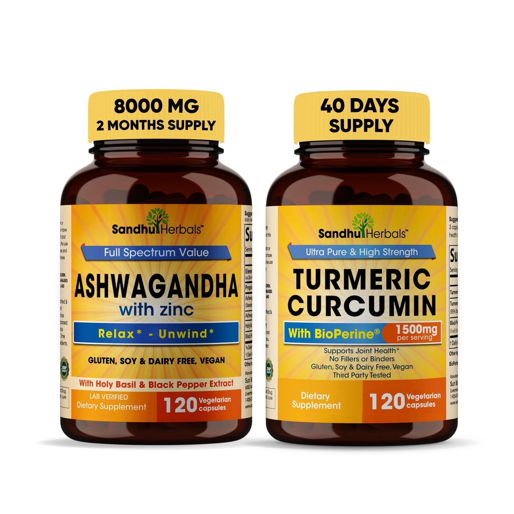 Sandhu Herbals Organic 4in1 Ashwagandha w/Zinc & Organic Turmeric Curcumin w/Bioperine Black Pepper Extract| 면역 체계 지원| Non-GMO