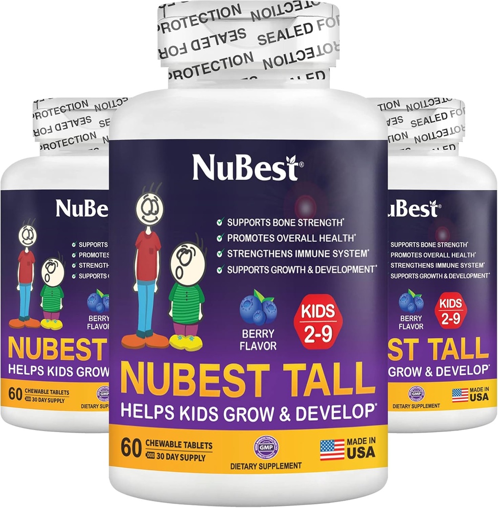 NuBest Tall Kids - 나이 2에서 9까지의 멀티비타민 및 미네랄 - Bone Strength & Immunity Support - 어린이, 유아 건강 - 동물 모양 - 180 Chewable Berry Tablets | 3 개월 공급