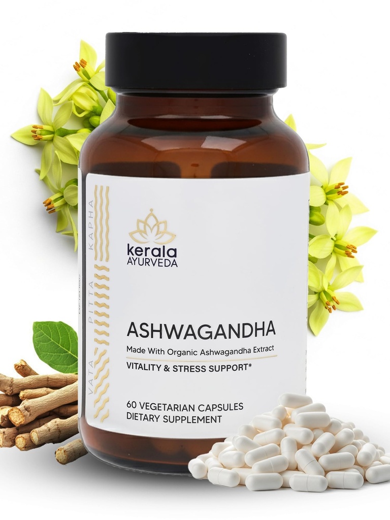 Kerala Ayurveda Ashwagandha Capsule for Better Immunity, Stress Relief & Good Sleep | 초본 다이어트 보충 | Immune, Hormonal, Nervous & Reproductive Health 지원 - 60 개