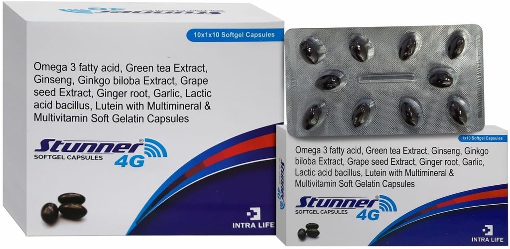 STUNNER-4G SOFTGEL CAPS 인삼 추출물 분말 42.5mg + 밀 Germ 기름 25mg + Citrus Bioflavonoids 20mg + 포도씨 추출물 15mg + 자연적인 혼합 Carotenoids (10% 분산) 11.33mg + 녹차 추출물