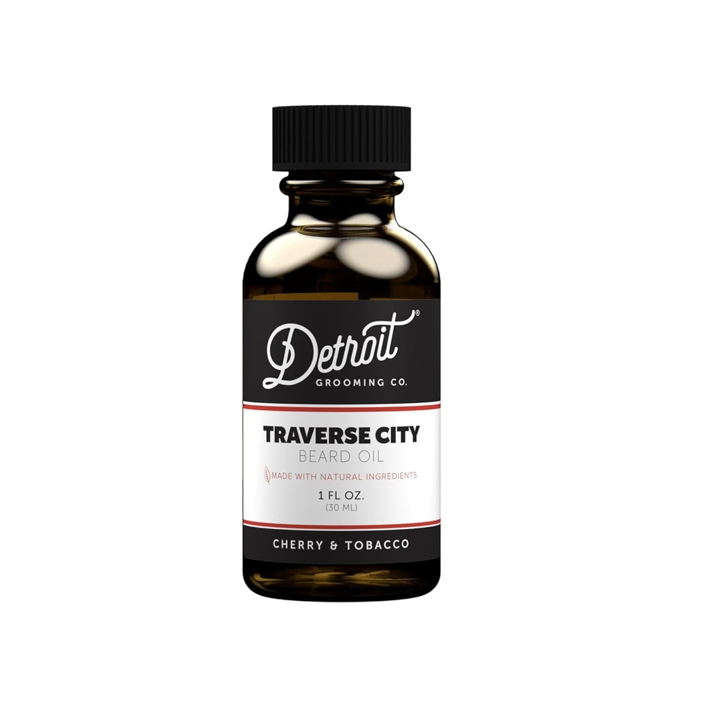디트로이트 그룸링(Detroit Grooming Co. Beard Oil) | 비타민 E를 사용한 히팅 & 노러싱 포뮬러 | 체리 & 담배 • 트래버스 시티(1 oz)