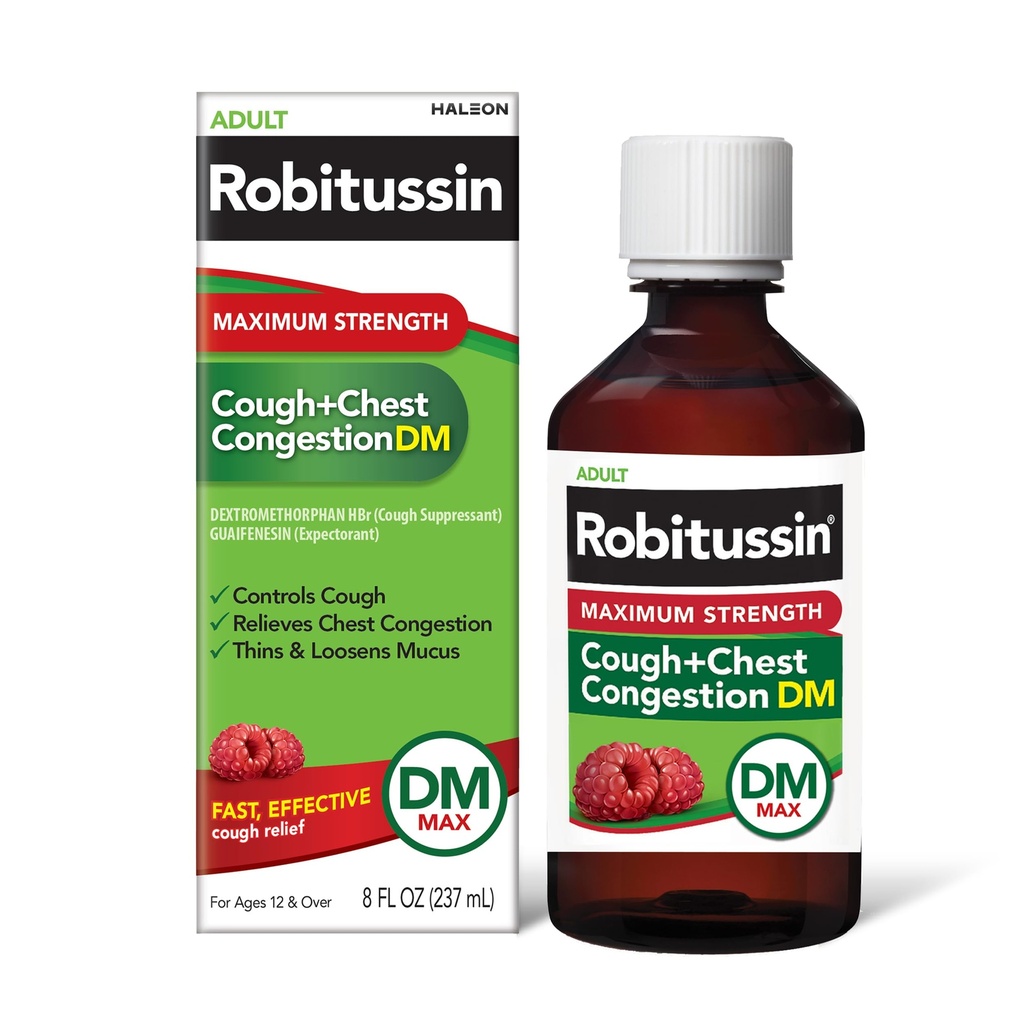 Robitussin 성인 최대 힘 기침 + 가슴 Congestion DM 최대 (8 fl. oz. 병), 기침 억제제 & 기대, 라즈베리 맛