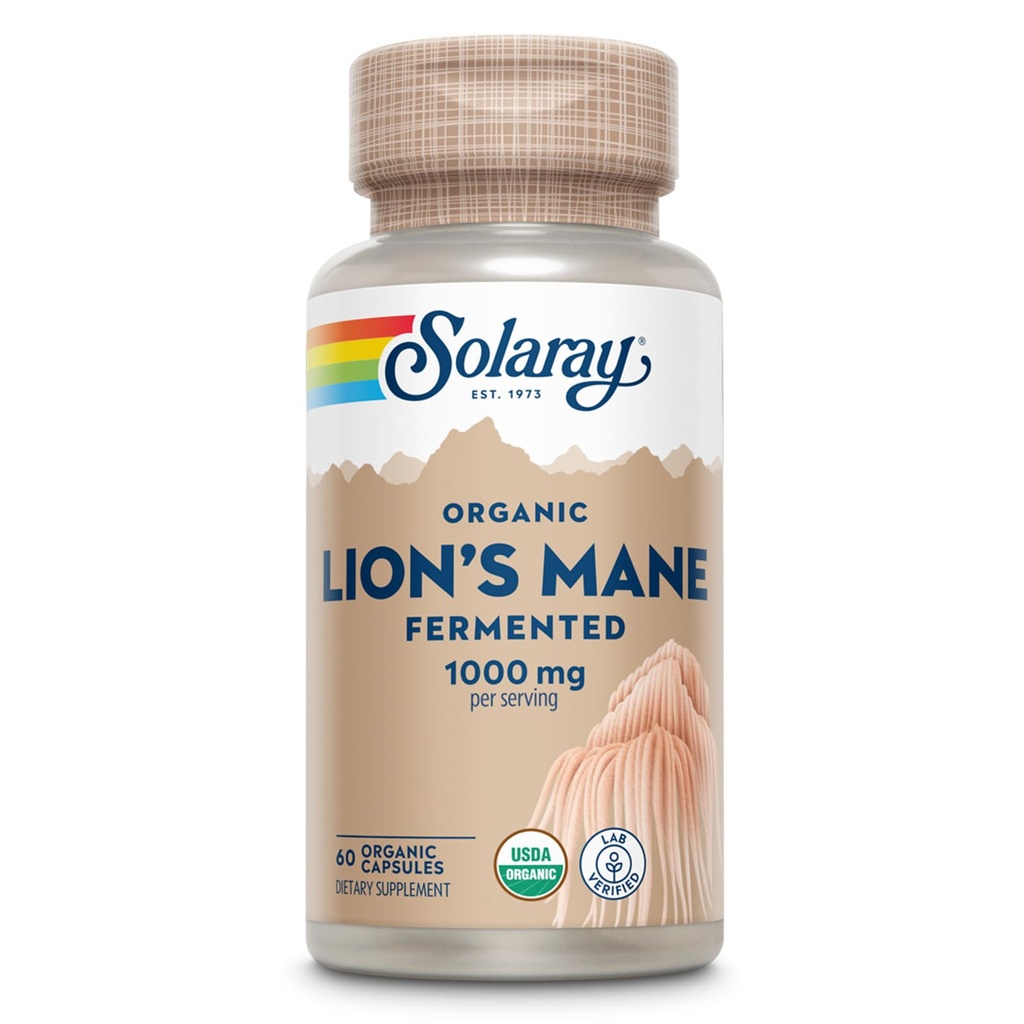 SOLARAY Organic Lions Mane Supplement Capsules - 1000 mg의 Lion's Mane Organic Mushrooms 제공, 향상된 흡수를위한 발효 - Vegan, 60 일 보증, 실험실 검증, 30 서빙, 60 VegCaps