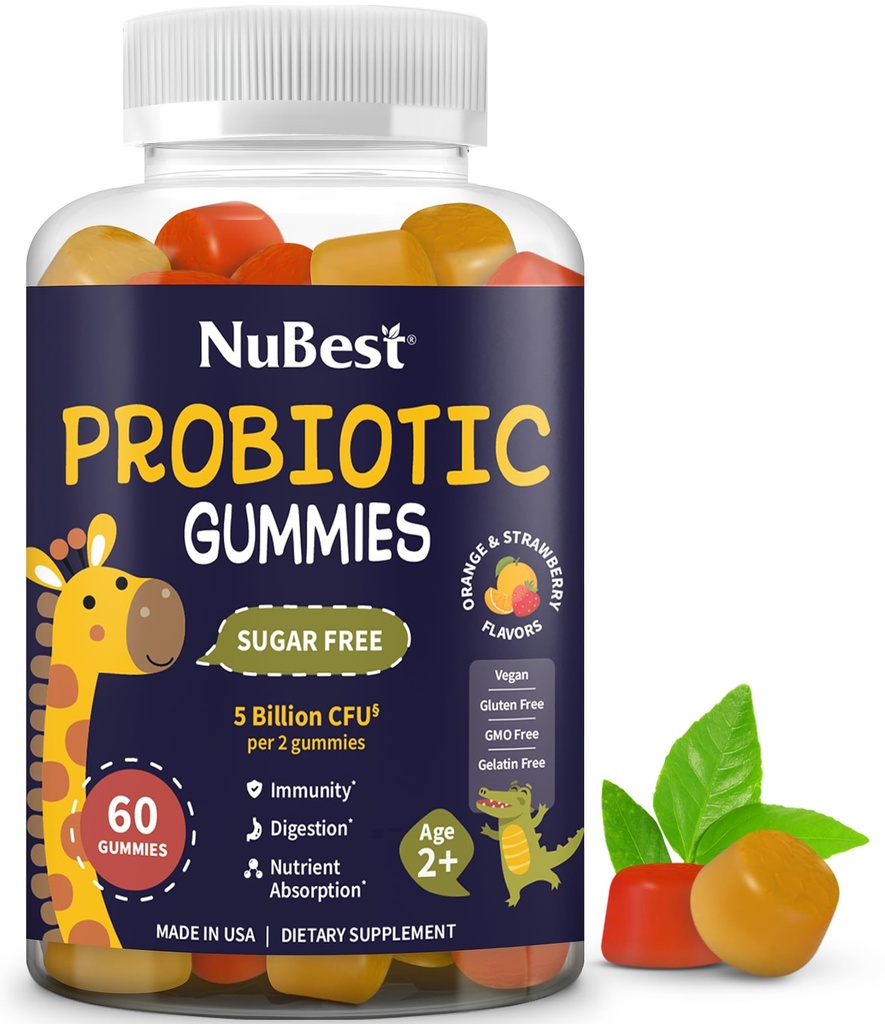 어린이 및 청소년을위한 NuBest Daily Probiotic Gummies 5 억 CFUs | Immune, Gut 및 Digestive Health | 추가 설탕 | Yummy Strawberry & Orange 맛 | 60 프리미엄 채식 구미